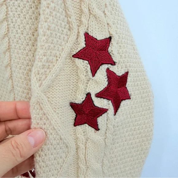 Hand Knitted Beige Cardigan With Red Stars Over Sized Medium - Picture 6 of 7